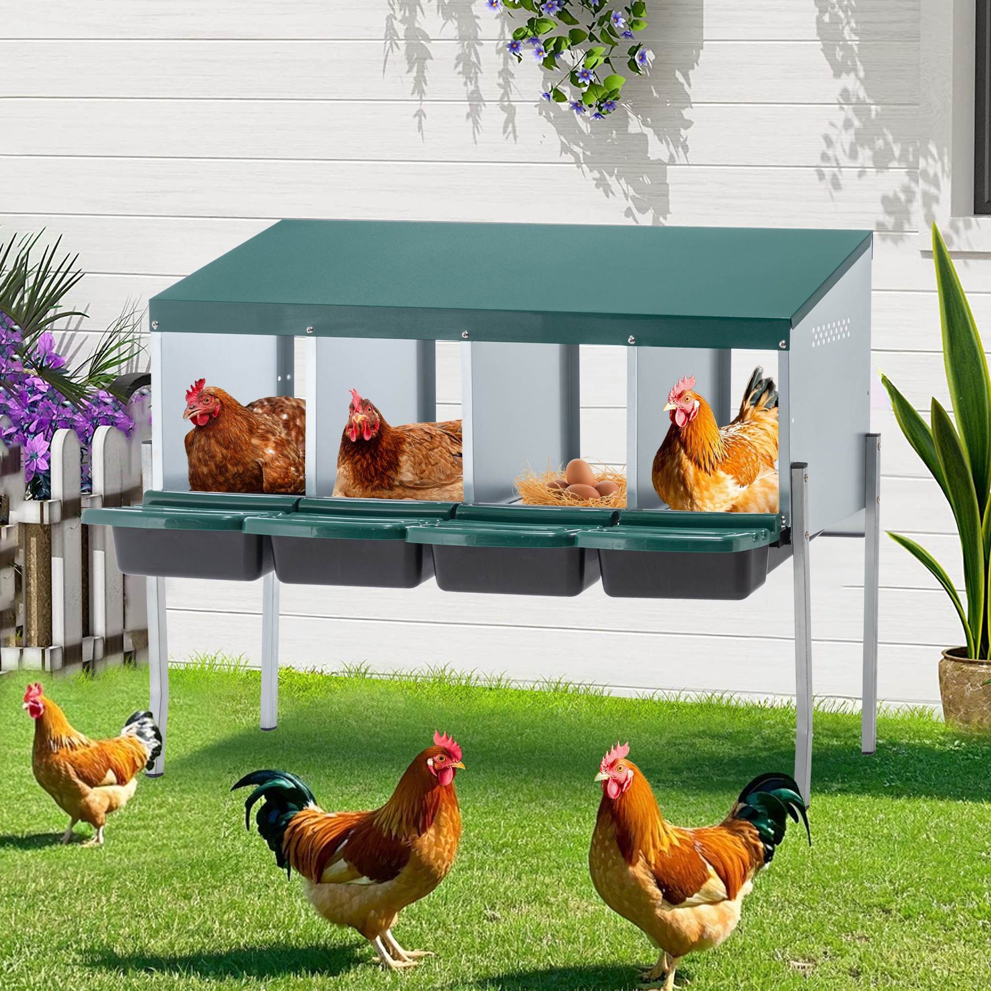 JMT-137930 Galvanized Steel 4-Hole Chicken Nest with Legs and Cover for Easy Egg Collection and Cleaning