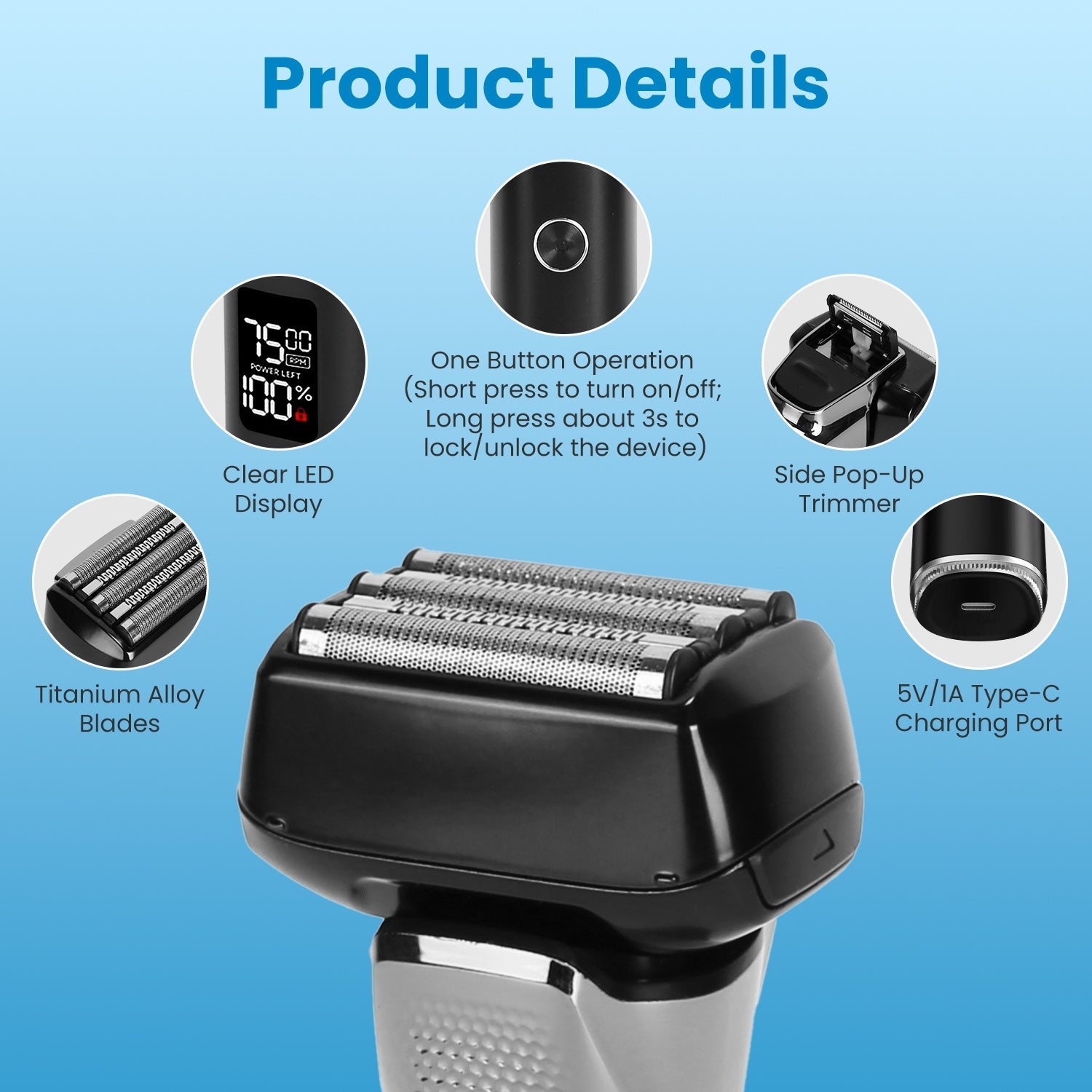 JMT-138058 5-Blade Electric Foil Face Shaver with Precision Trimmer, Wet & Dry Use, IPX6 Waterproof, LED Display, Rechargeable Battery