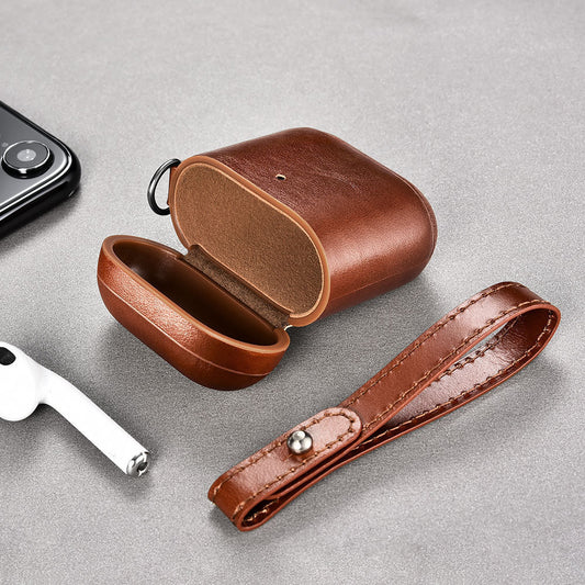 JMT-138250 Genuine Leather AirPods Vintage Earphone Case - Universal Fit for AirPods 1/2 with Cord Punch Design