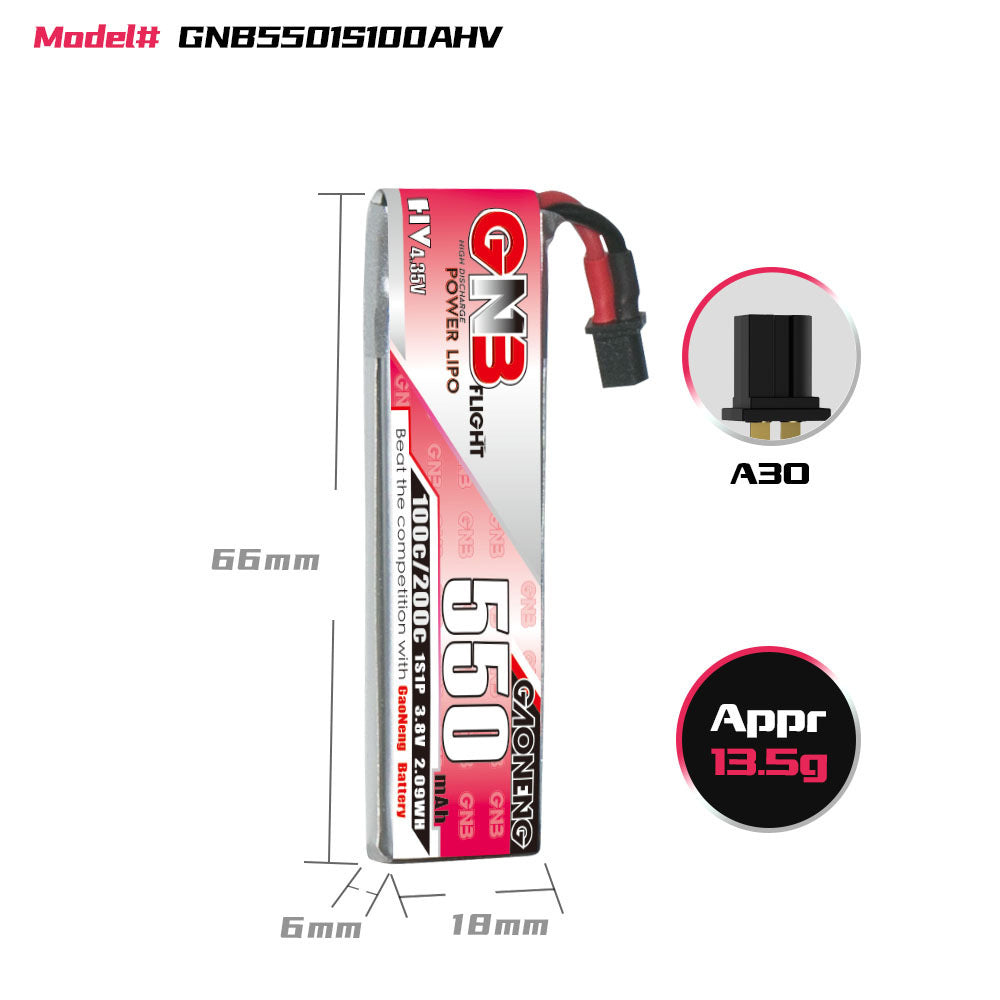 JMT-138250 High Energy 550mAh 1S 3.8V HV Lithium Battery with A30 Plug for Remote Control FPV UAV