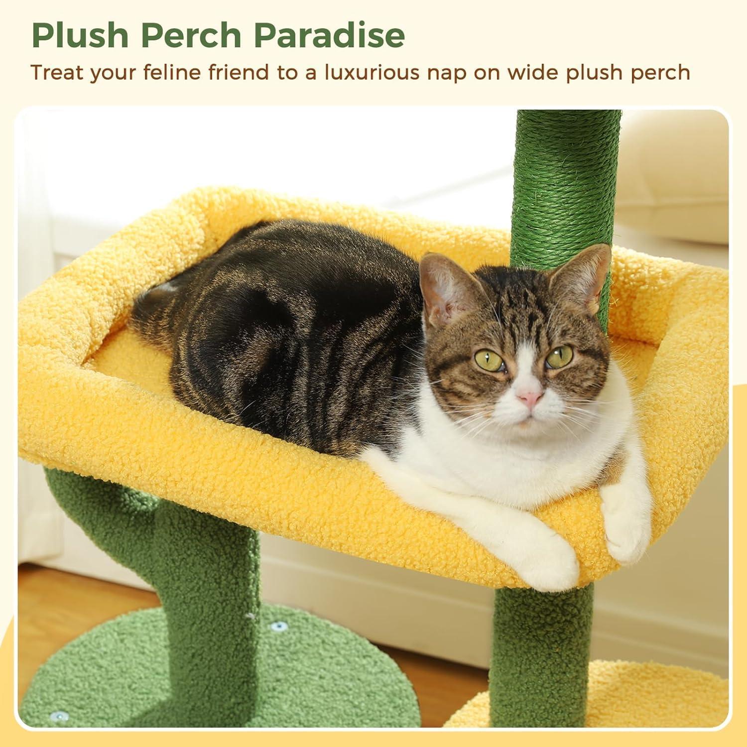 JMT-139082 Cactus Shaped Cat Tower with Scratching Post and Plush Bed for Indoor Cats