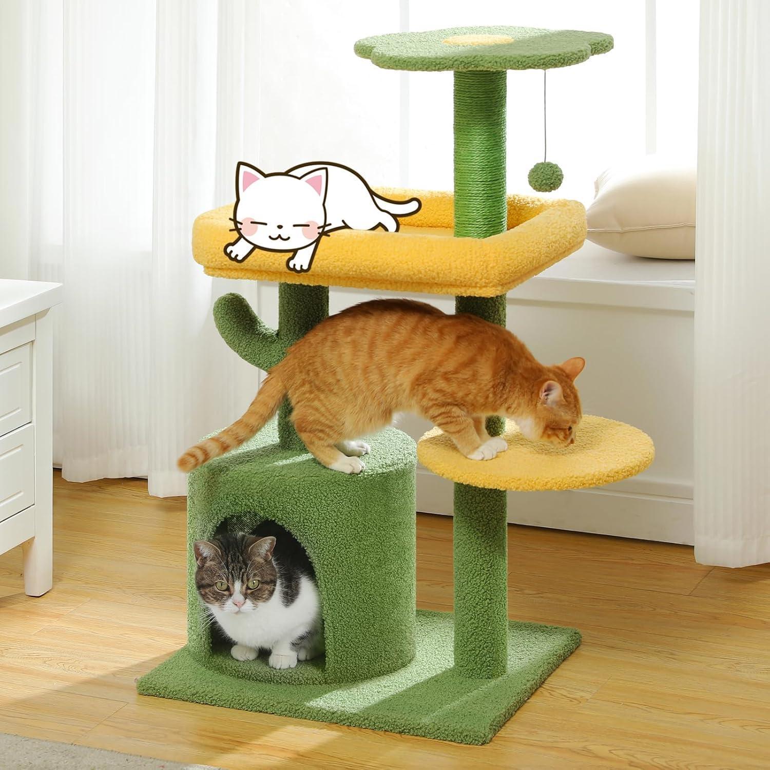 JMT-139082 Cactus Shaped Cat Tower with Scratching Post and Plush Bed for Indoor Cats