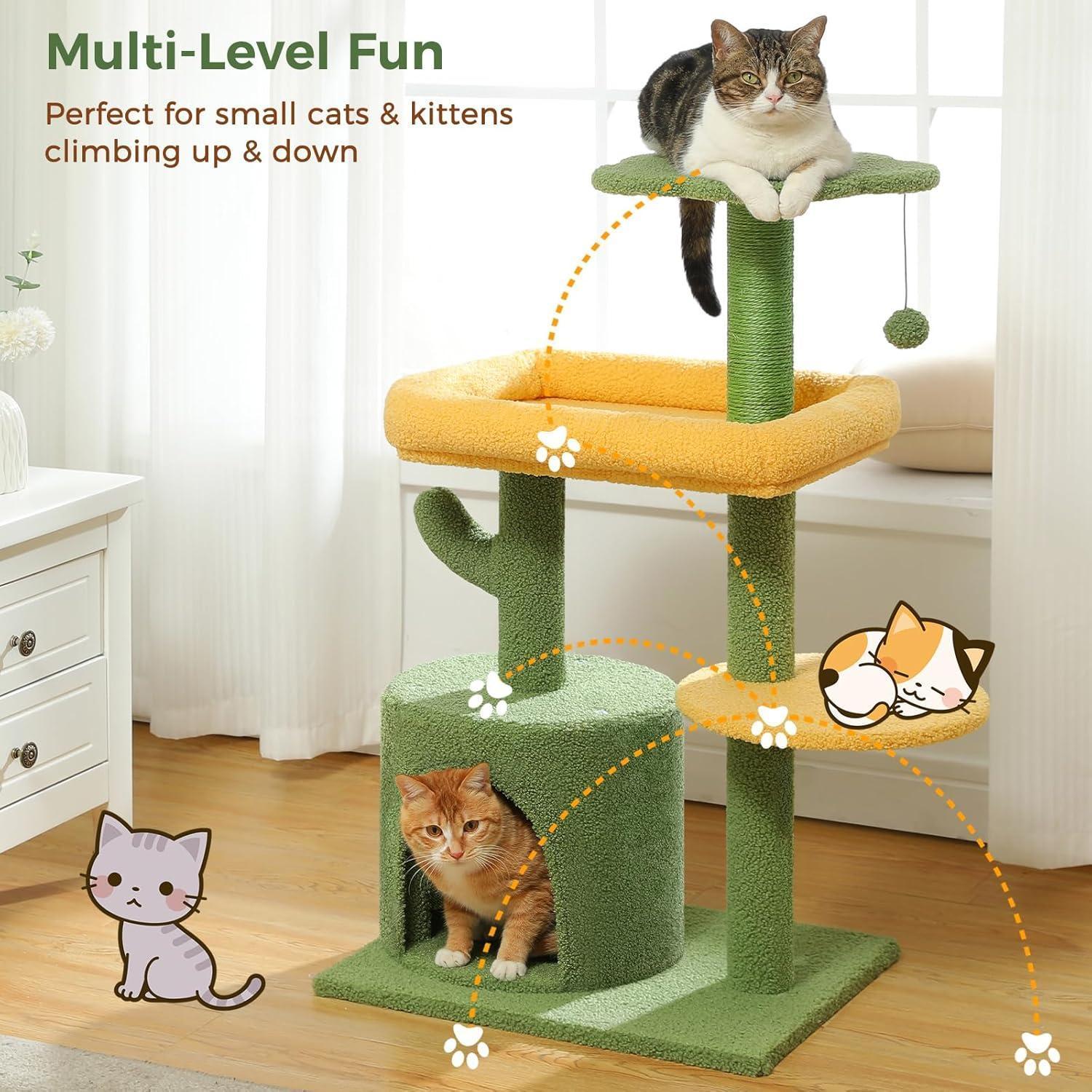 JMT-139082 Cactus Shaped Cat Tower with Scratching Post and Plush Bed for Indoor Cats