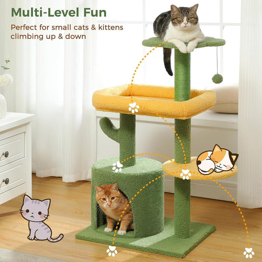JMT-139082 Cactus Shaped Cat Tower with Scratching Post and Plush Bed for Indoor Cats