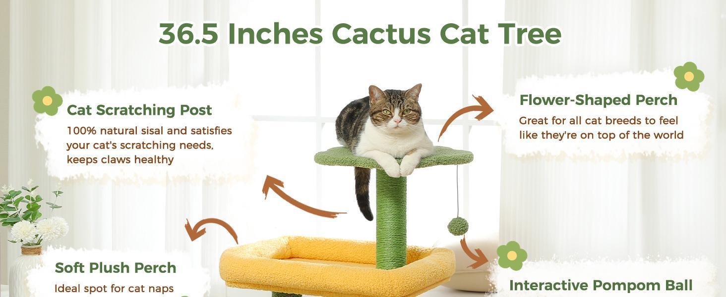 JMT-139082 Cactus Shaped Cat Tower with Scratching Post and Plush Bed for Indoor Cats