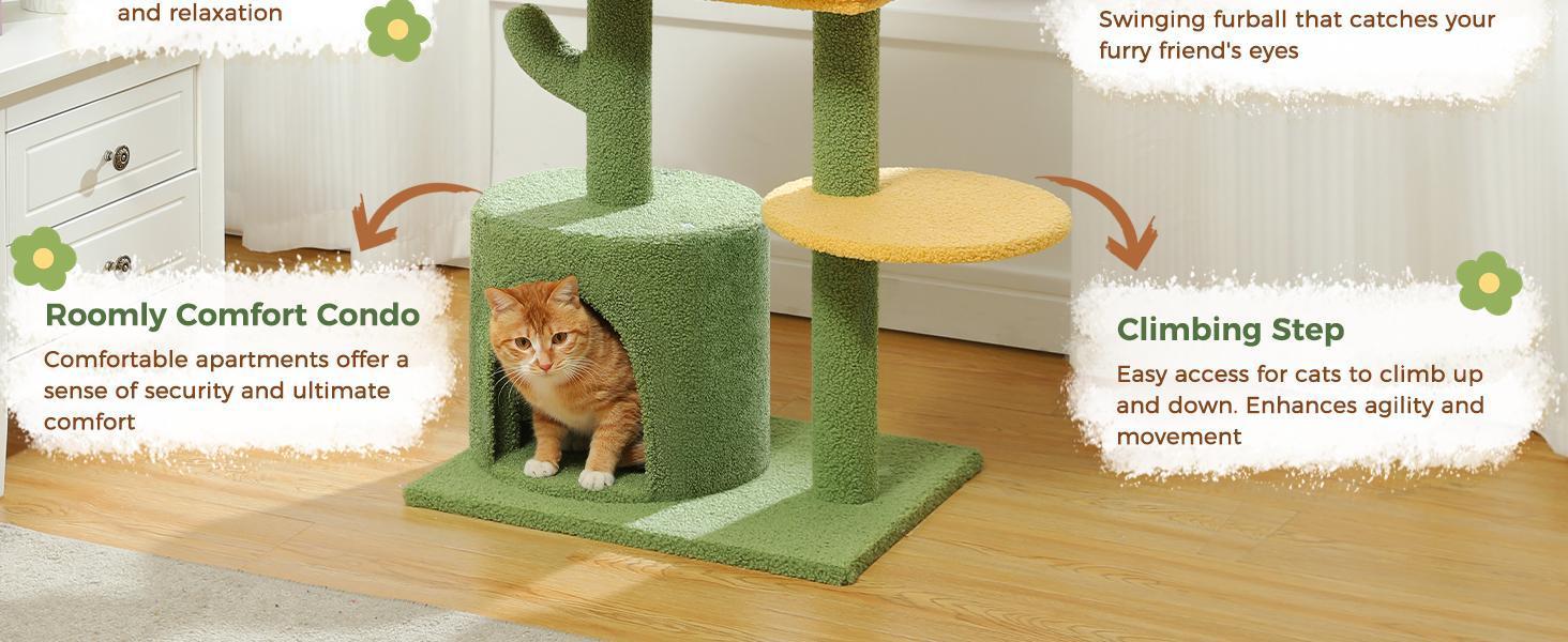 JMT-139082 Cactus Shaped Cat Tower with Scratching Post and Plush Bed for Indoor Cats