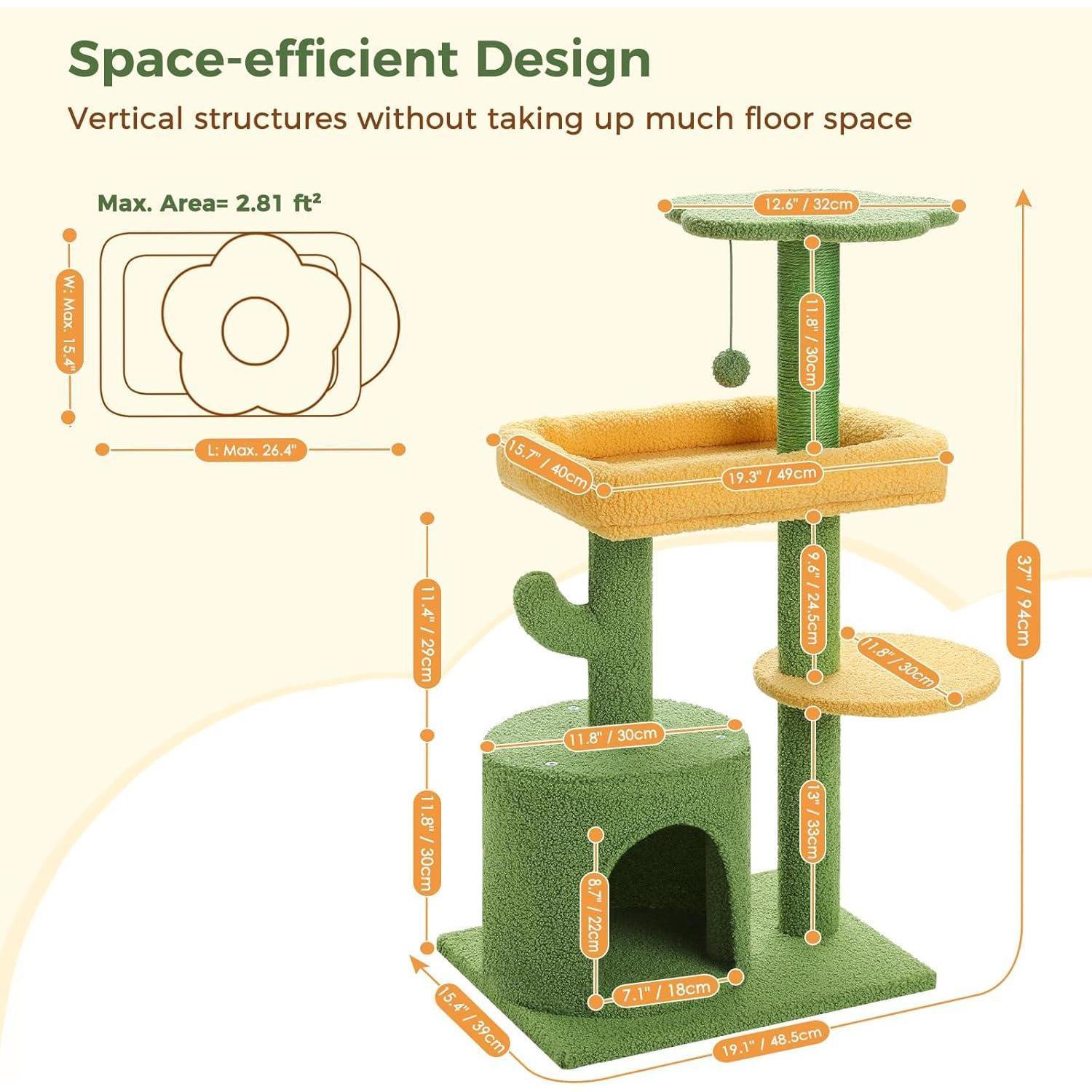 JMT-139082 Cactus Shaped Cat Tower with Scratching Post and Plush Bed for Indoor Cats