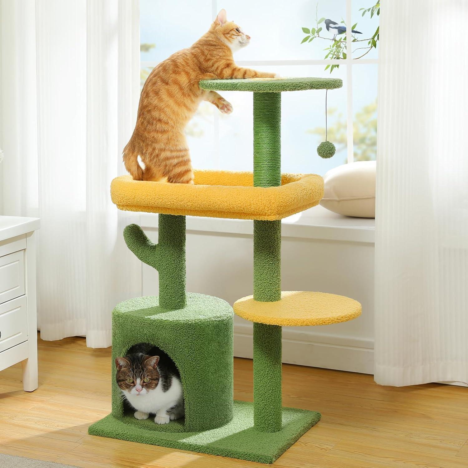 JMT-139082 Cactus Shaped Cat Tower with Scratching Post and Plush Bed for Indoor Cats