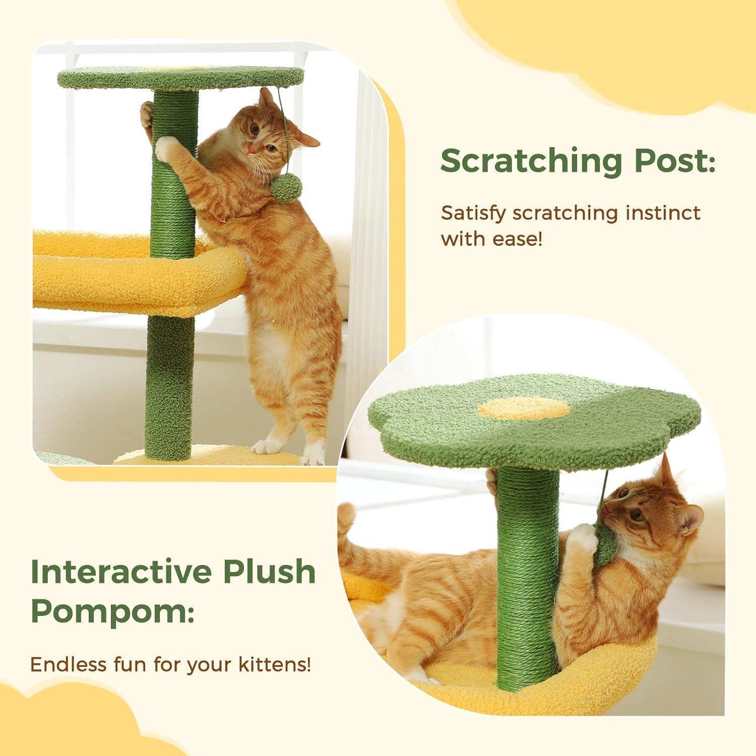 JMT-139082 Cactus Shaped Cat Tower with Scratching Post and Plush Bed for Indoor Cats
