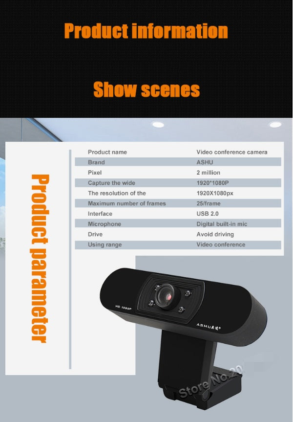 JMT-140234 HD Webcam with Built-In Microphone, 1920x1080 Resolution, Adjustable Focus, Compatible with Multiple Platforms