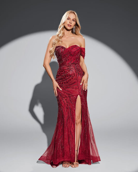 JMT-140618 Elegant Red Evening Dress with Luxe Design and Flattering Fit