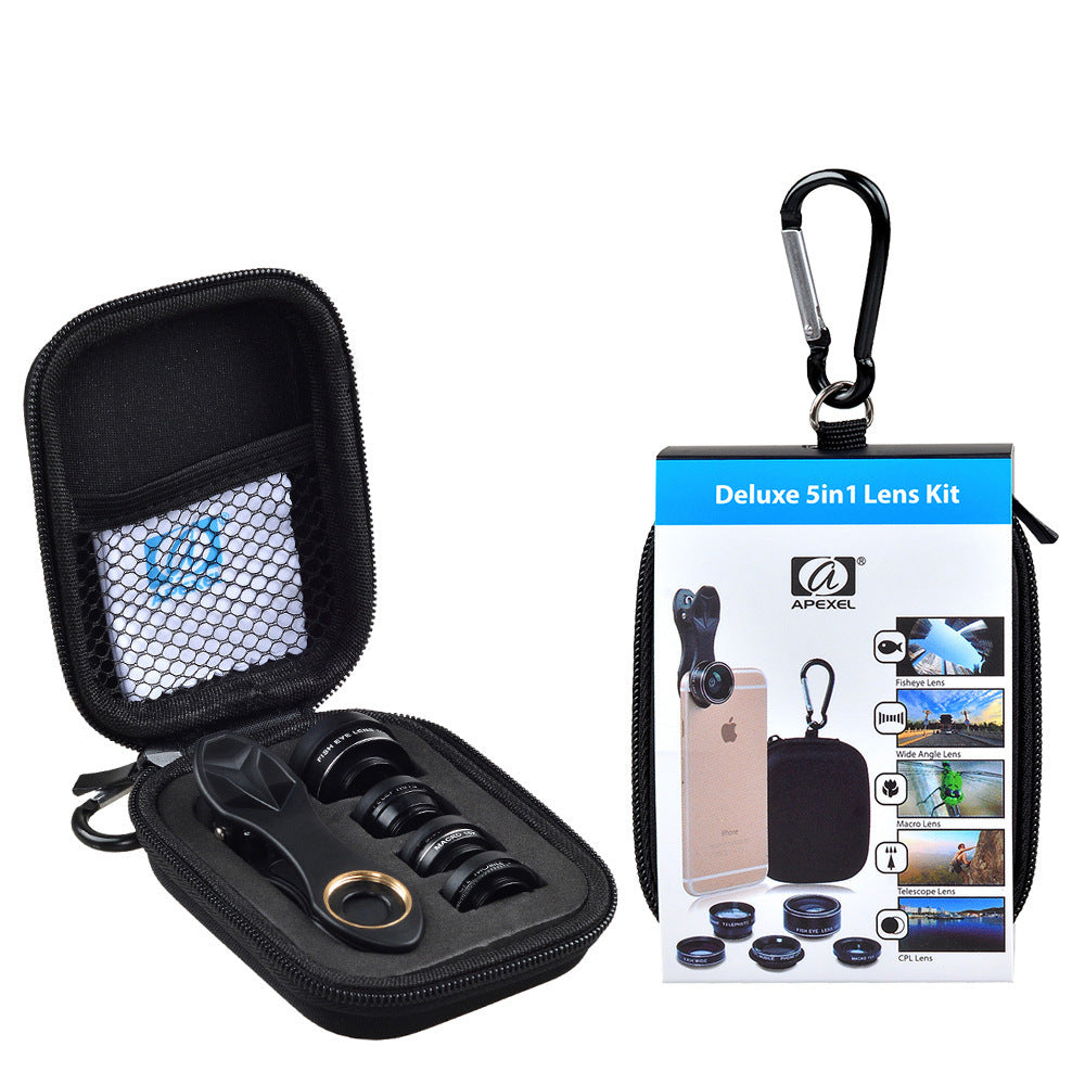 JMT-140746 5-in-1 Mobile Phone Lens Set with Fisheye, Wide Angle, Macro, Teleconverter, and Polarization Options
