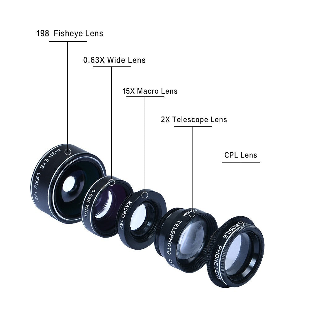 JMT-140746 5-in-1 Mobile Phone Lens Set with Fisheye, Wide Angle, Macro, Teleconverter, and Polarization Options