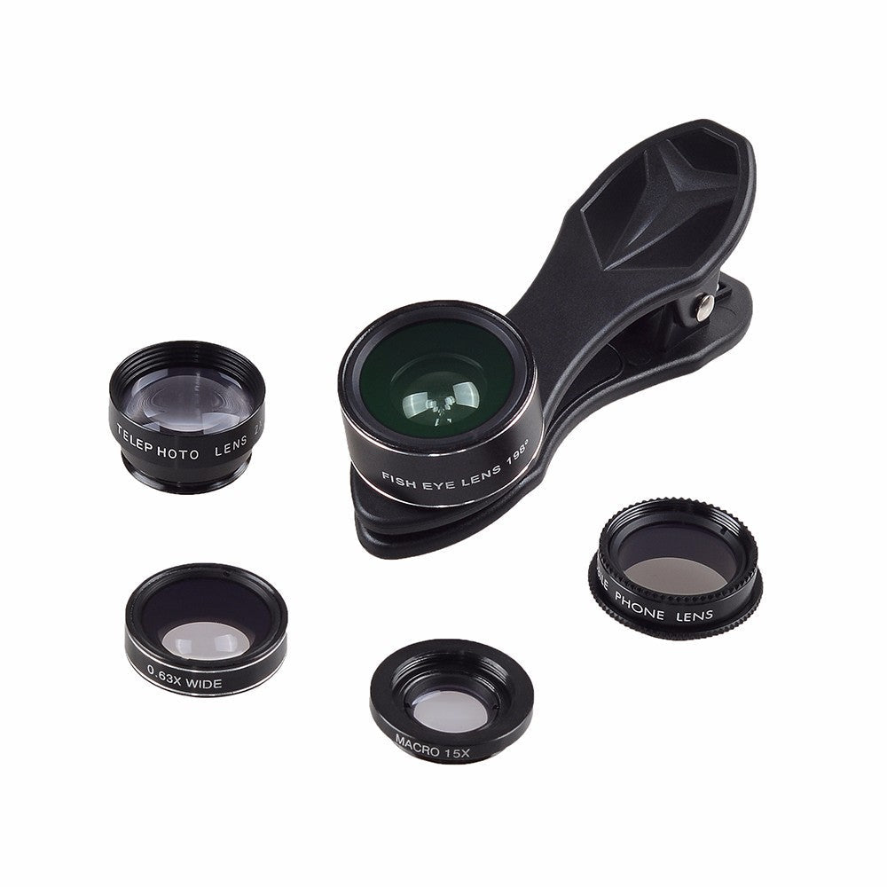 JMT-140746 5-in-1 Mobile Phone Lens Set with Fisheye, Wide Angle, Macro, Teleconverter, and Polarization Options
