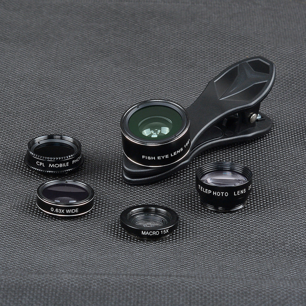 JMT-140746 5-in-1 Mobile Phone Lens Set with Fisheye, Wide Angle, Macro, Teleconverter, and Polarization Options