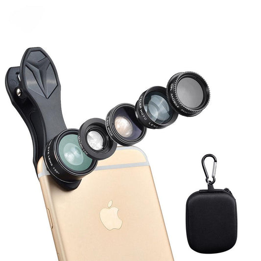 JMT-140746 5-in-1 Mobile Phone Lens Set with Fisheye, Wide Angle, Macro, Teleconverter, and Polarization Options