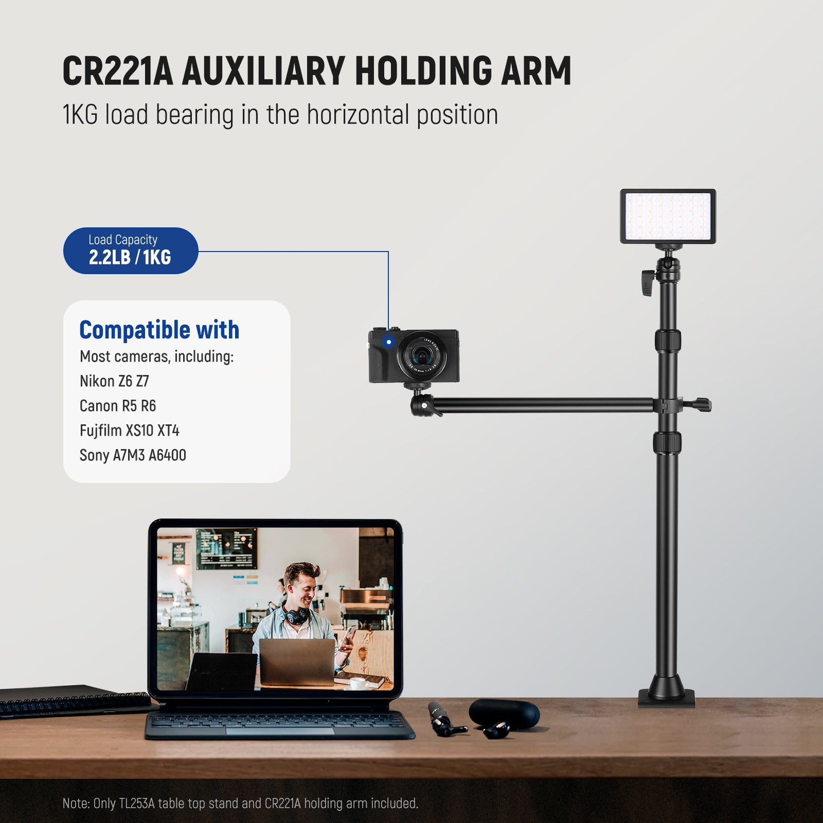 JMT-141066 Adjustable Metal Desktop Photography Stand with Cross Arm, Load Bearing 1KG