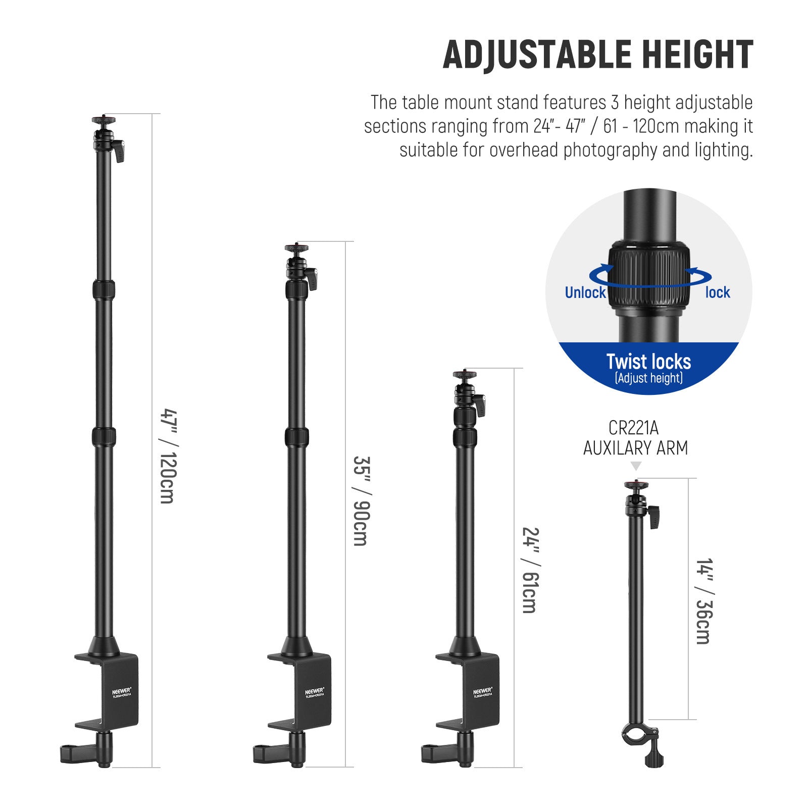 JMT-141066 Adjustable Metal Desktop Photography Stand with Cross Arm, Load Bearing 1KG