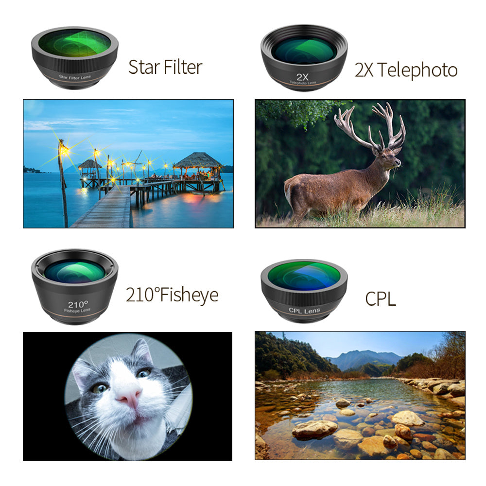 JMT-141386 6 in 1 Universal Mobile Phone Camera Lens Kit with Fisheye, Wide Angle, Macro, Telephoto, CPL, and Star Filter