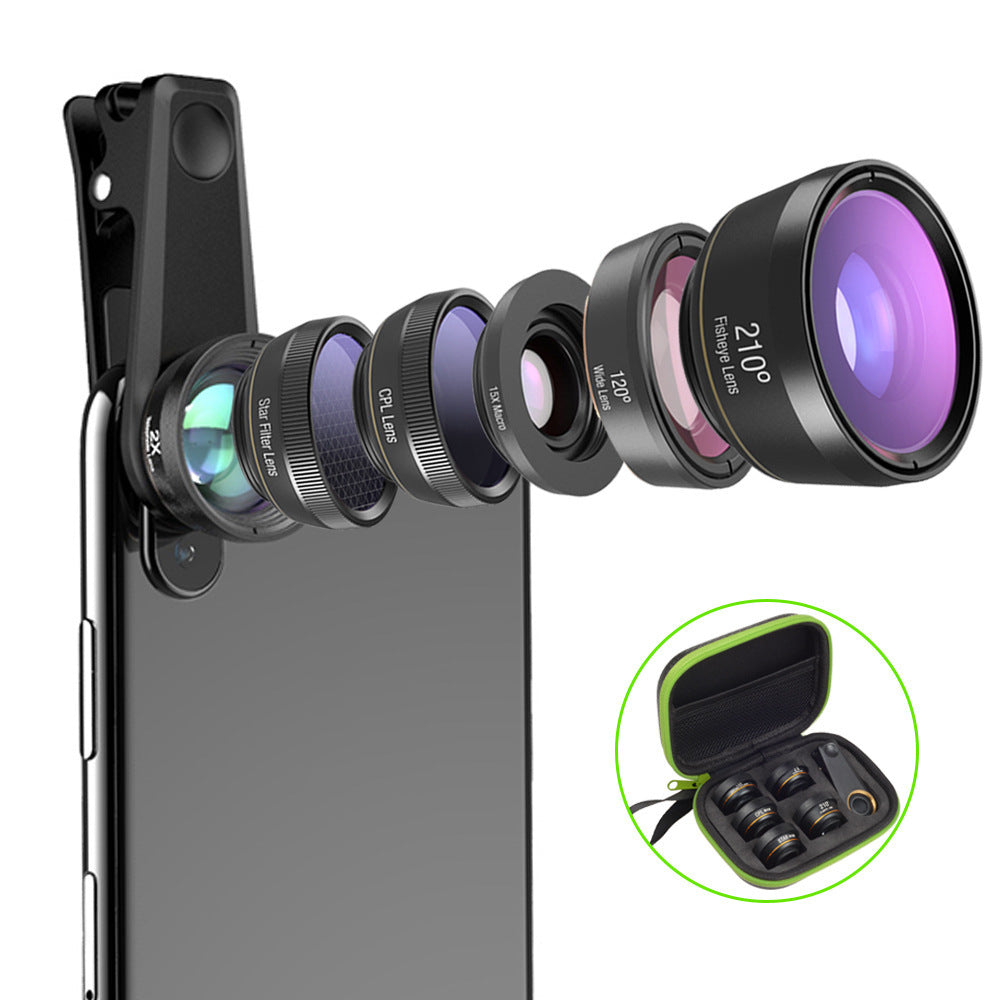 JMT-141386 6 in 1 Universal Mobile Phone Camera Lens Kit with Fisheye, Wide Angle, Macro, Telephoto, CPL, and Star Filter