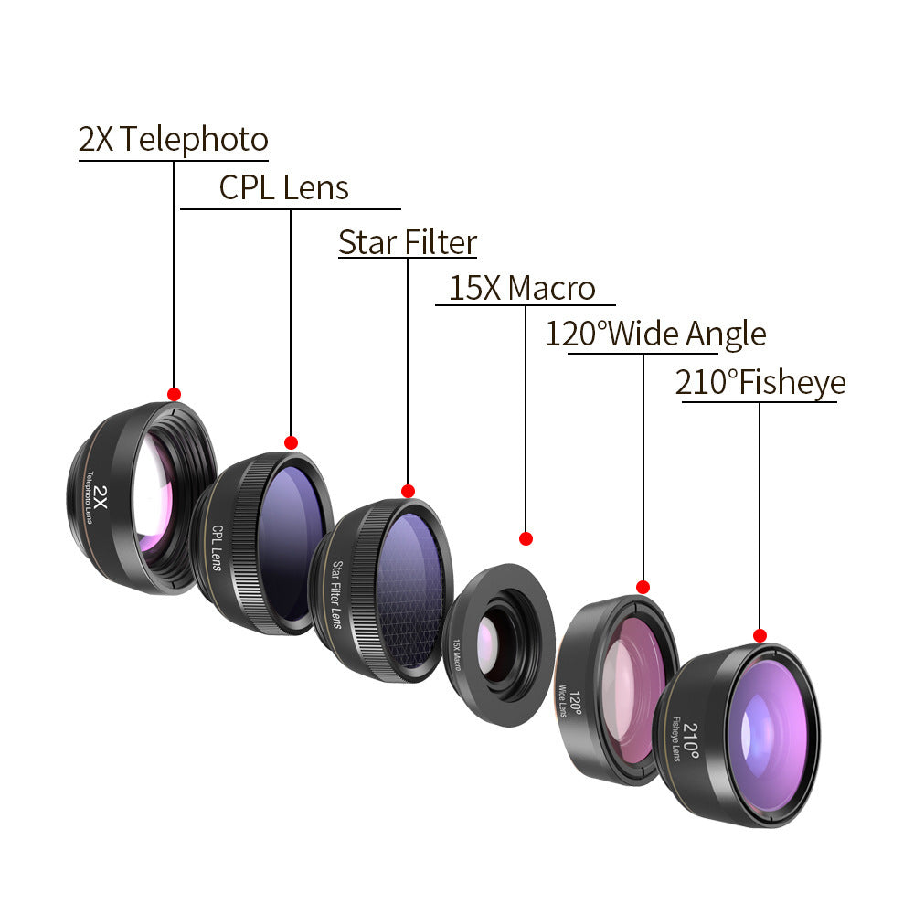 JMT-141386 6 in 1 Universal Mobile Phone Camera Lens Kit with Fisheye, Wide Angle, Macro, Telephoto, CPL, and Star Filter