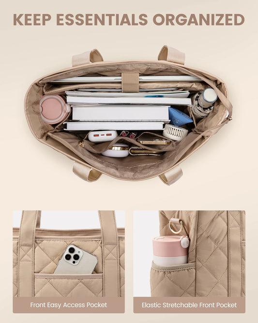 JMT-142346 Quilted Puffer 15.6 Inch Laptop Tote Handbag Set for Women - Lightweight Shoulder Bag with Storage Compartments
