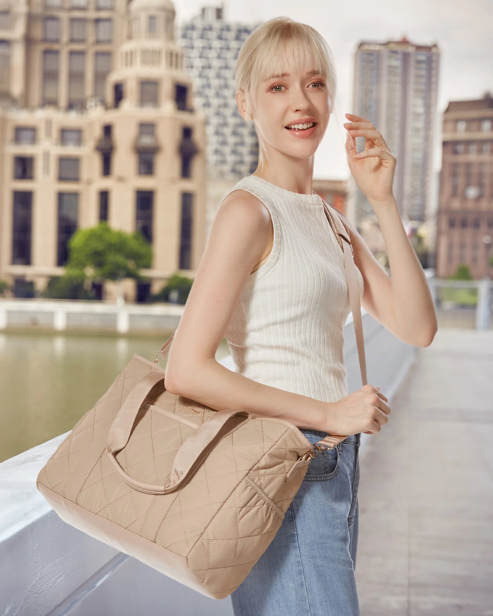 JMT-142346 Quilted Puffer 15.6 Inch Laptop Tote Handbag Set for Women - Lightweight Shoulder Bag with Storage Compartments