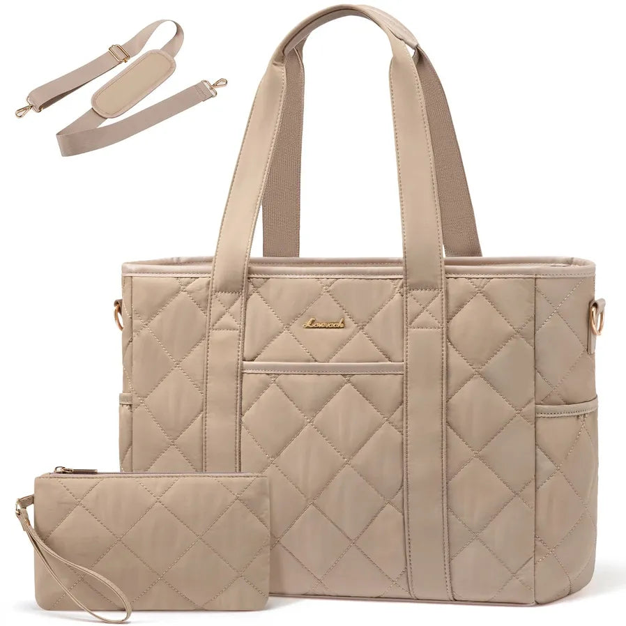 JMT-142346 Quilted Puffer 15.6 Inch Laptop Tote Handbag Set for Women - Lightweight Shoulder Bag with Storage Compartments