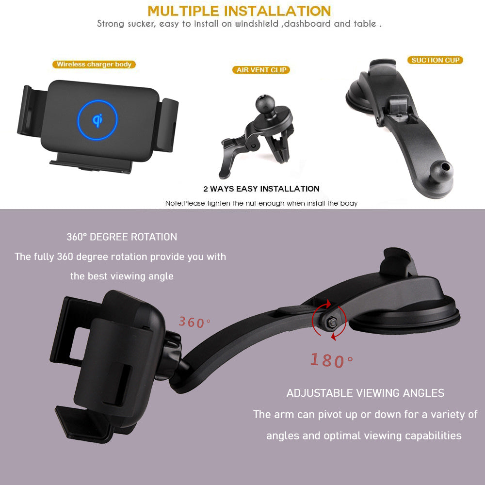 JMT-143370 Wireless Car Charger with Vent and Suction Mount for Qi-Enabled Devices