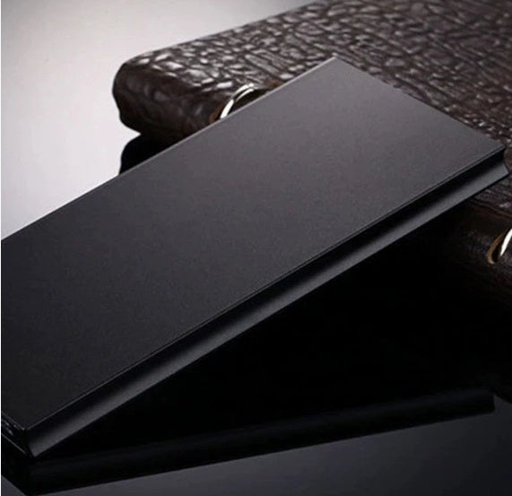 JMT-143690 Slim Black Alloy Power Bank - Mini Ultra-thin Design, Compact Size 139MM x 66MM x 15MM