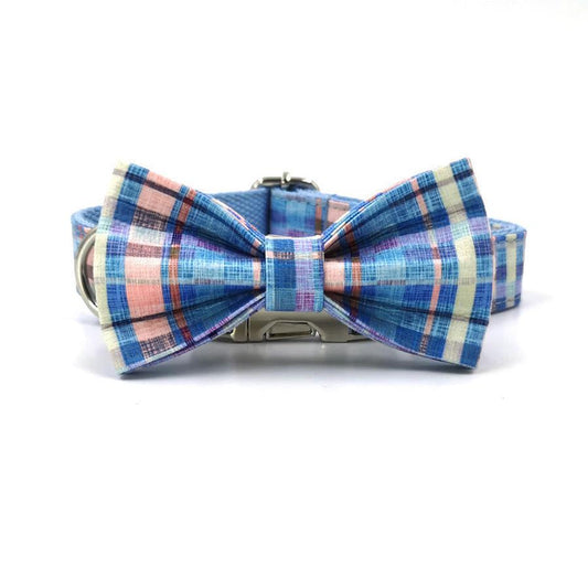 JMT-145482 Plaid Double-Layer Dog Collar with Bow Tie - Comfortable and Durable Pet Accessory