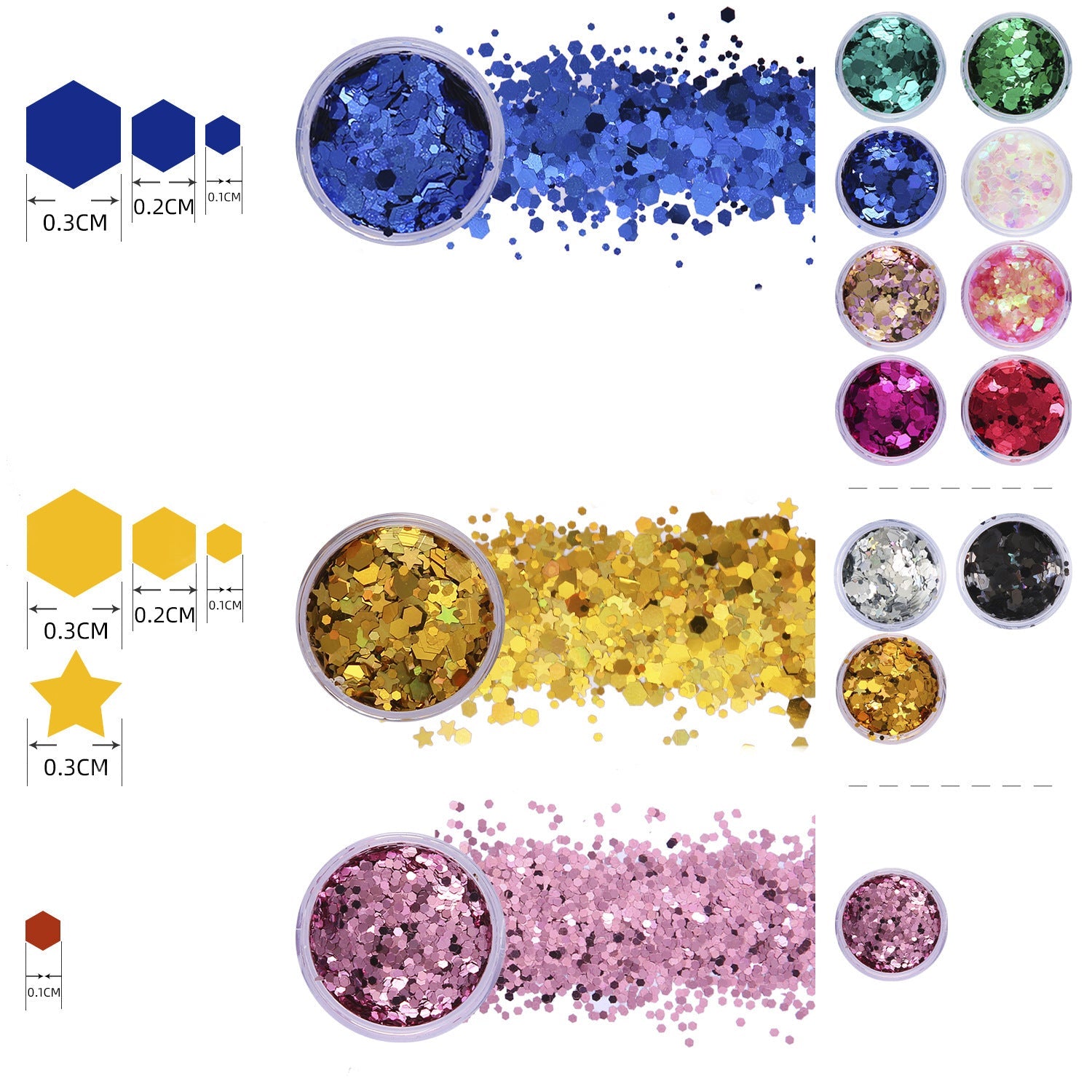 JMT-148426 Hexagonal Glitter Sequin Set - 12 Colors for Body, Face & Nail Art, 10ml Each