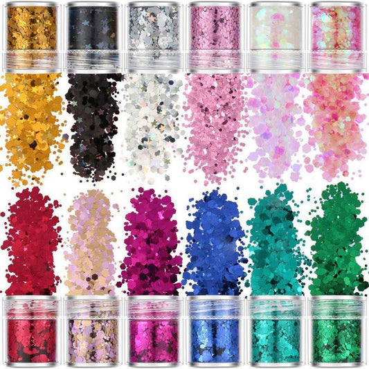 JMT-148426 Hexagonal Glitter Sequin Set - 12 Colors for Body, Face & Nail Art, 10ml Each