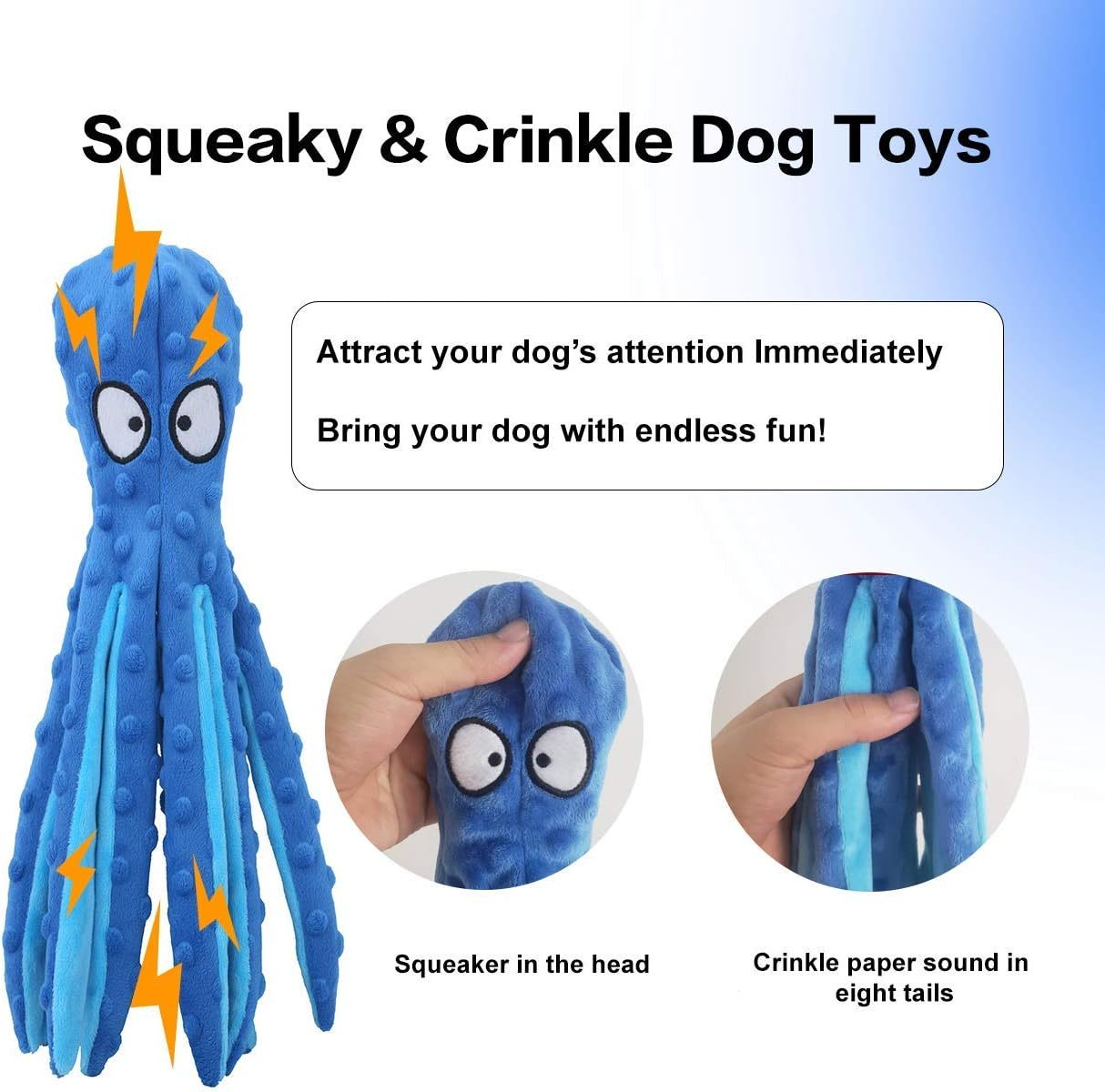 JMT-149258 Durable Octopus Dog Squeaky Toy for Teething and Interactive Play - No Stuffing, Crinkle Plush Design for Small to Large Dogs