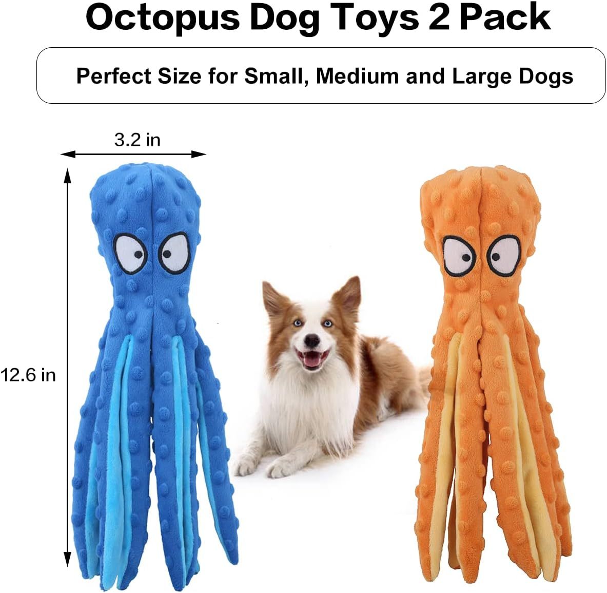 JMT-149258 Durable Octopus Dog Squeaky Toy for Teething and Interactive Play - No Stuffing, Crinkle Plush Design for Small to Large Dogs