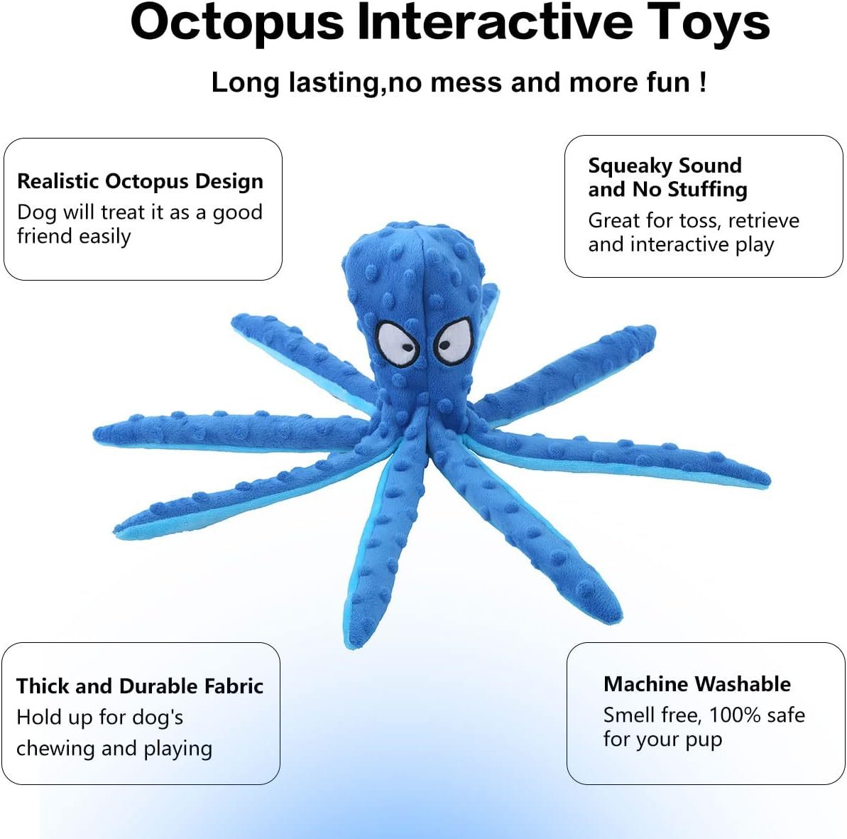 JMT-149258 Durable Octopus Dog Squeaky Toy for Teething and Interactive Play - No Stuffing, Crinkle Plush Design for Small to Large Dogs