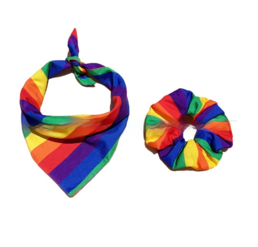 JMT-151242 Rainbow Striped Polyester Cotton Square Towel and Hair Ring Set for Outdoor Use, 54x54CM