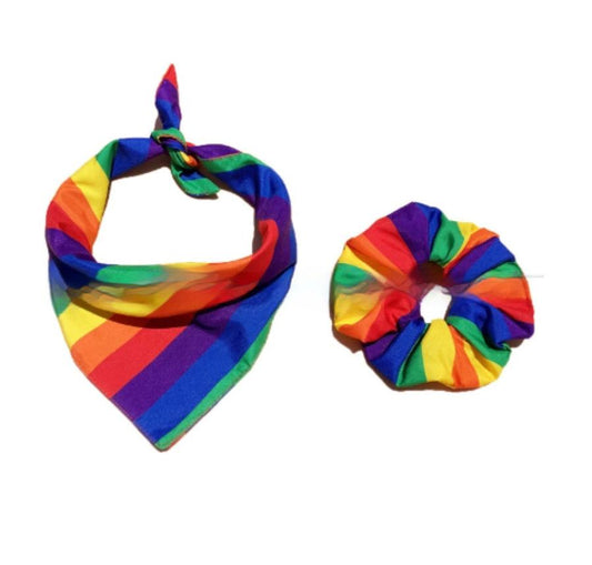 JMT-151242 Rainbow Striped Polyester Cotton Square Towel and Hair Ring Set for Outdoor Use, 54x54CM