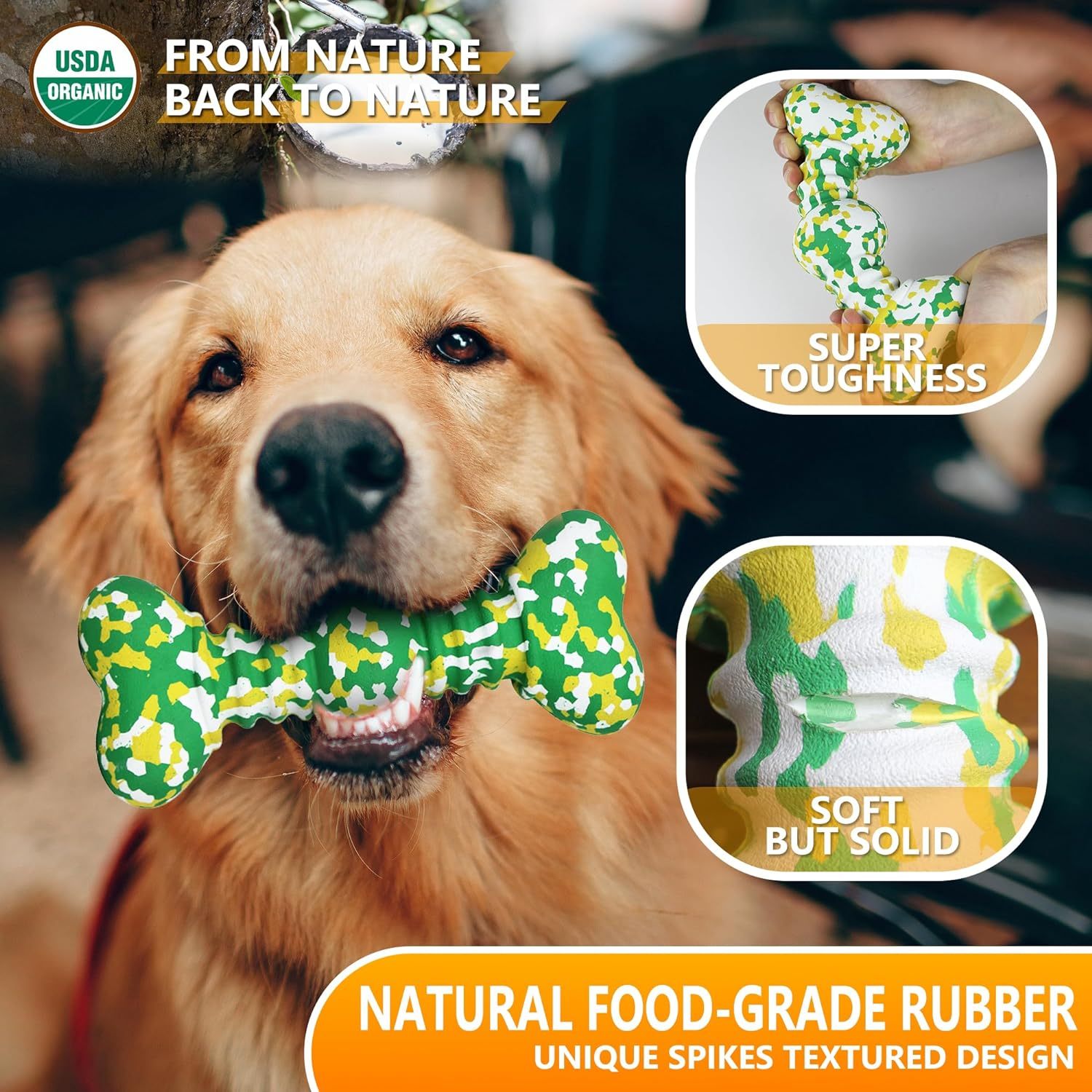 JMT-151562 Durable Natural Rubber Chew Toy for Medium to Large Dogs, Aggressive Chewers, Unique Camouflage Design