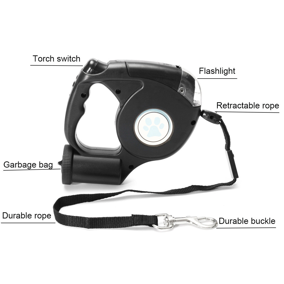 JMT-152074 3-in-1 Retractable Dog Leash with Flashlight and Built-in Waste Bag Dispenser - Durable ABS and Nylon Design, 4.5m Length, Supports Up to 45kg