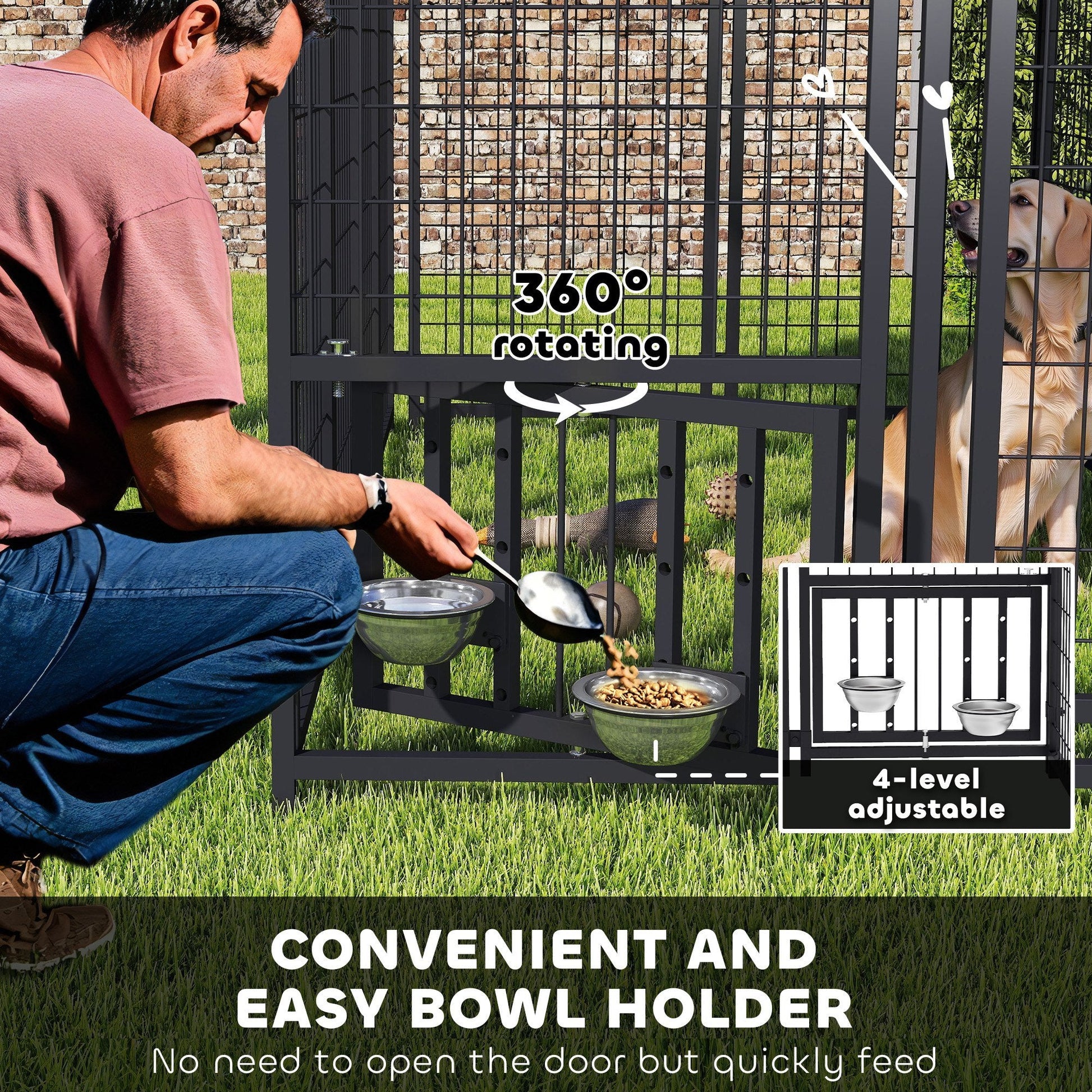 JMT-153738 Welded Wire Outdoor Dog Kennel with Adjustable Feeding Bowls and Waterproof Cover, 7.9 x 4 x 6 ft