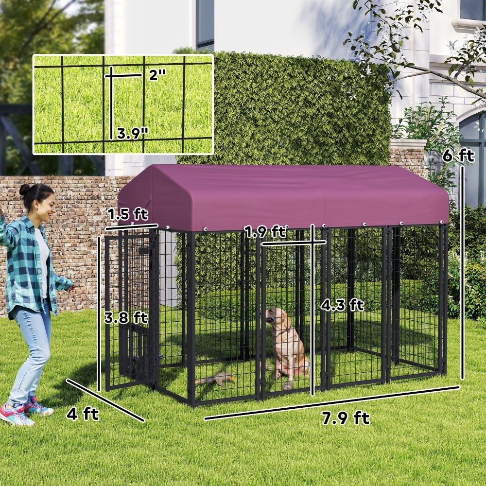 JMT-153738 Welded Wire Outdoor Dog Kennel with Adjustable Feeding Bowls and Waterproof Cover, 7.9 x 4 x 6 ft