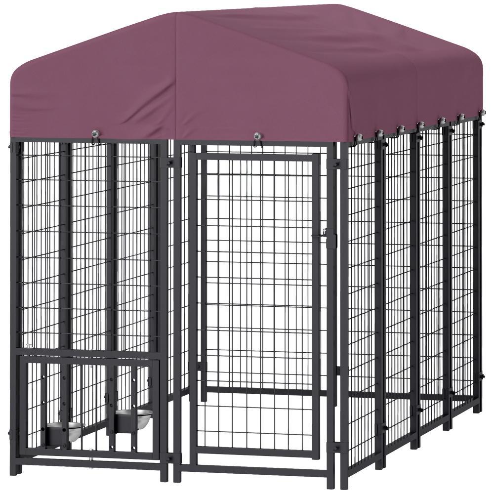 JMT-153738 Welded Wire Outdoor Dog Kennel with Adjustable Feeding Bowls and Waterproof Cover, 7.9 x 4 x 6 ft