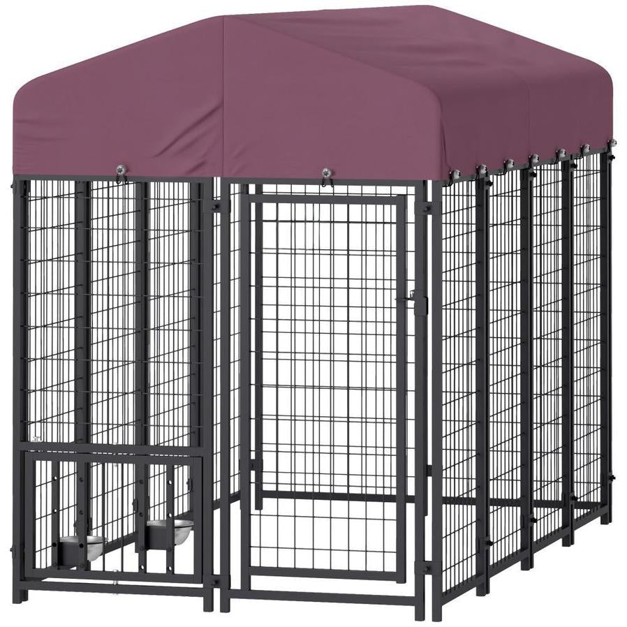 JMT-153738 Welded Wire Outdoor Dog Kennel with Adjustable Feeding Bowls and Waterproof Cover, 7.9 x 4 x 6 ft