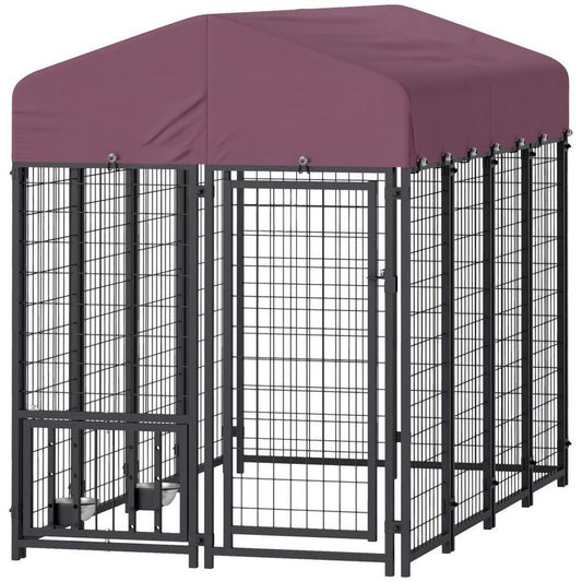 JMT-153738 Welded Wire Outdoor Dog Kennel with Adjustable Feeding Bowls and Waterproof Cover, 7.9 x 4 x 6 ft