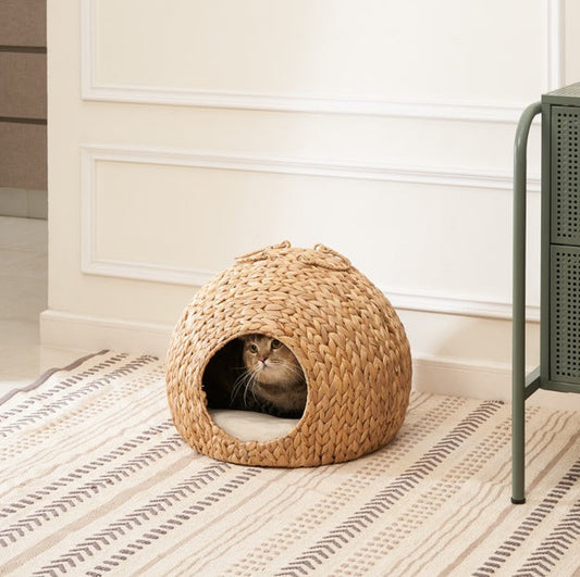JMT-154890 Natural Water Hyacinth Woven Circular Cat Bed with Handle - 18"x18"x18" - Eco-Friendly Design