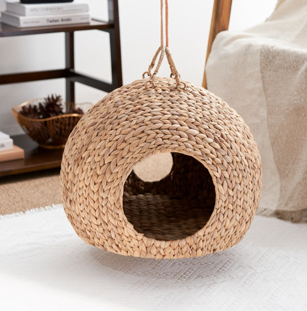 JMT-154890 Natural Water Hyacinth Woven Circular Cat Bed with Handle - 18"x18"x18" - Eco-Friendly Design