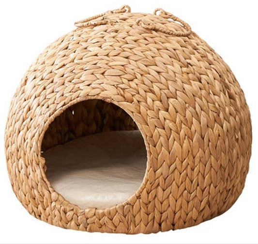 JMT-154890 Natural Water Hyacinth Woven Circular Cat Bed with Handle - 18"x18"x18" - Eco-Friendly Design