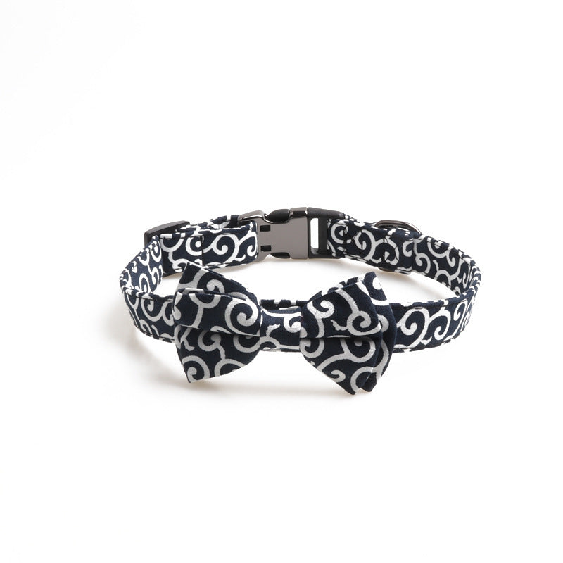 JMT-155530 Denim Blue Floral Design Adjustable Dog Collar with Metal Buckle and Leash