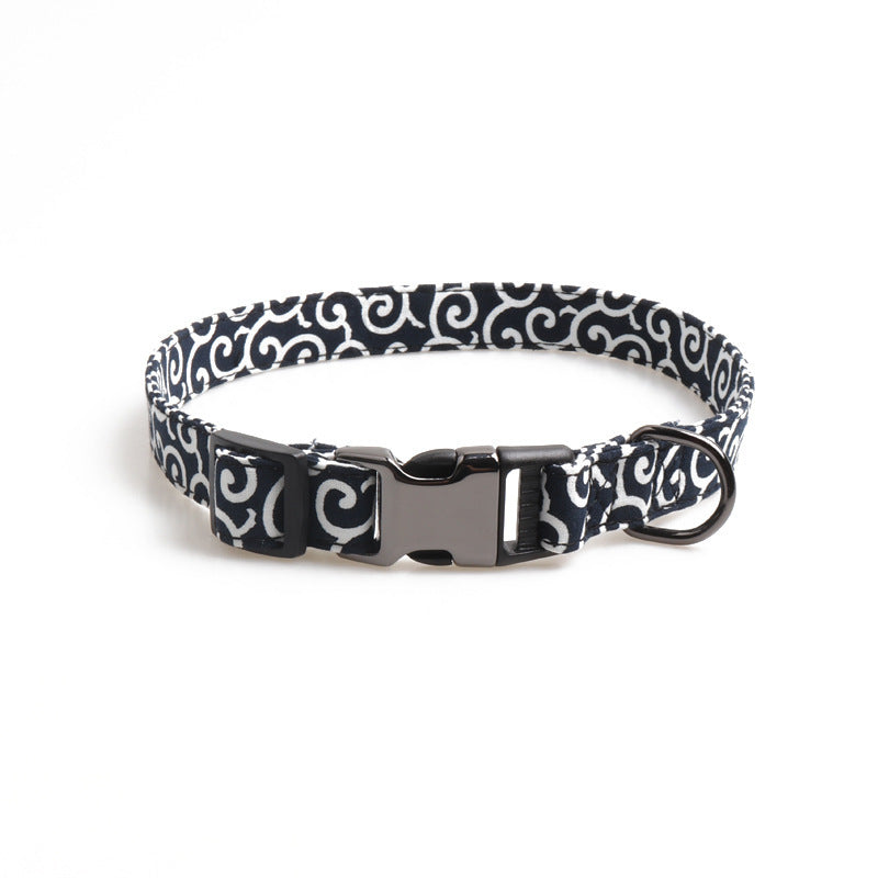 JMT-155530 Denim Blue Floral Design Adjustable Dog Collar with Metal Buckle and Leash